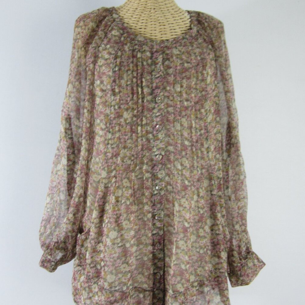 Blue Tassel Collection Womens S Mauve Purple Beige Floral Silk Pleated Shirt Top